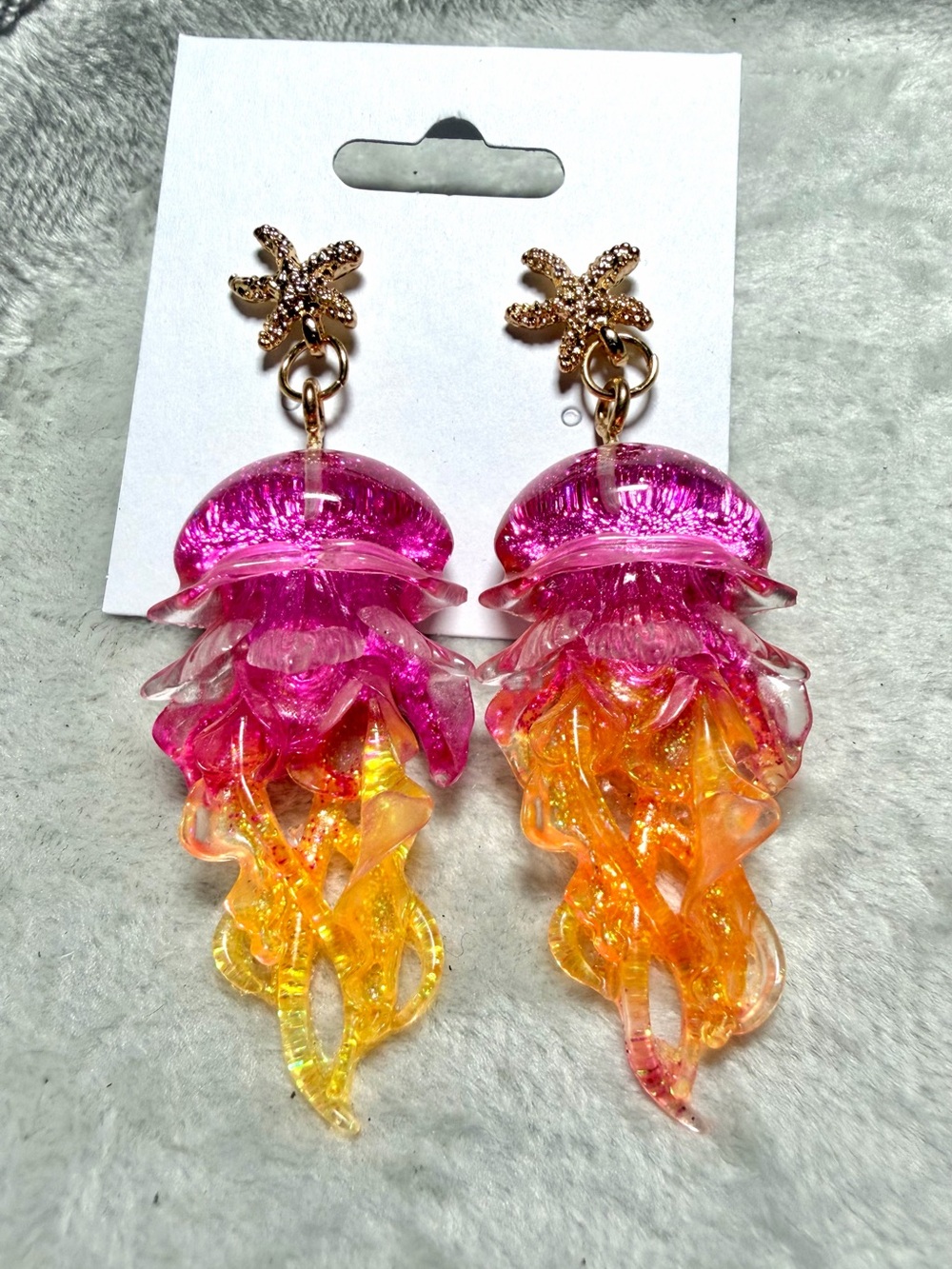 Vibrant Pink & Orange 🪼Jellyfish Drop Earrings with Gold Starfish Studs ✨